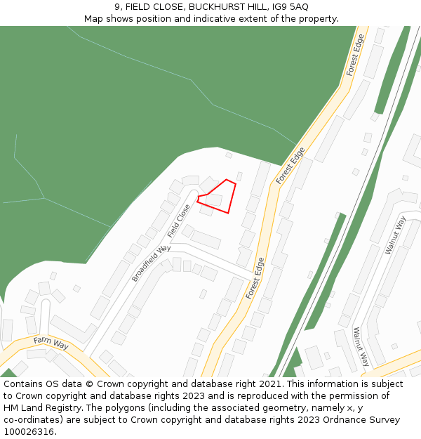 9, FIELD CLOSE, BUCKHURST HILL, IG9 5AQ: Location map and indicative extent of plot