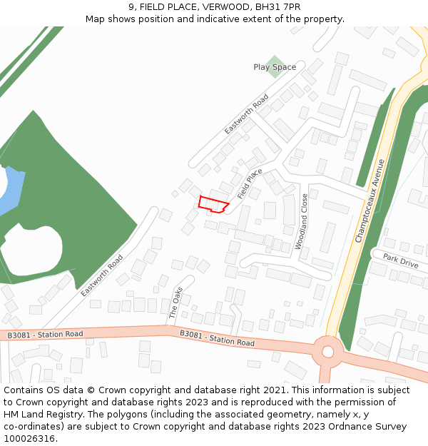 9, FIELD PLACE, VERWOOD, BH31 7PR: Location map and indicative extent of plot
