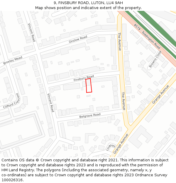 9, FINSBURY ROAD, LUTON, LU4 9AH: Location map and indicative extent of plot