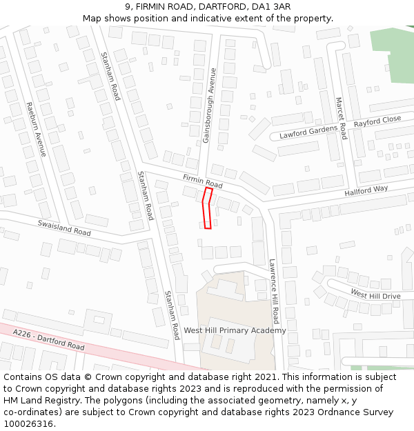 9, FIRMIN ROAD, DARTFORD, DA1 3AR: Location map and indicative extent of plot
