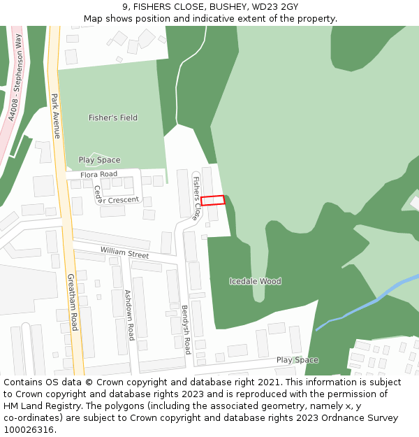 9, FISHERS CLOSE, BUSHEY, WD23 2GY: Location map and indicative extent of plot