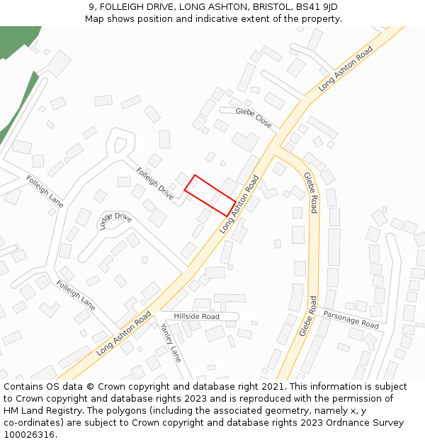 9, FOLLEIGH DRIVE, LONG ASHTON, BRISTOL, BS41 9JD: Location map and indicative extent of plot