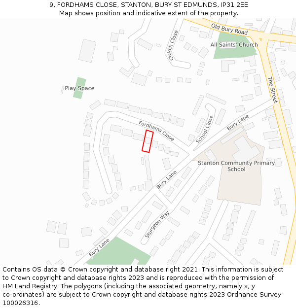 9, FORDHAMS CLOSE, STANTON, BURY ST EDMUNDS, IP31 2EE: Location map and indicative extent of plot