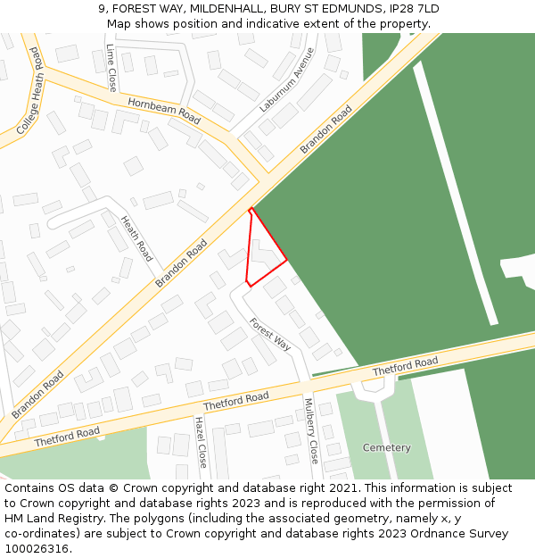 9, FOREST WAY, MILDENHALL, BURY ST EDMUNDS, IP28 7LD: Location map and indicative extent of plot