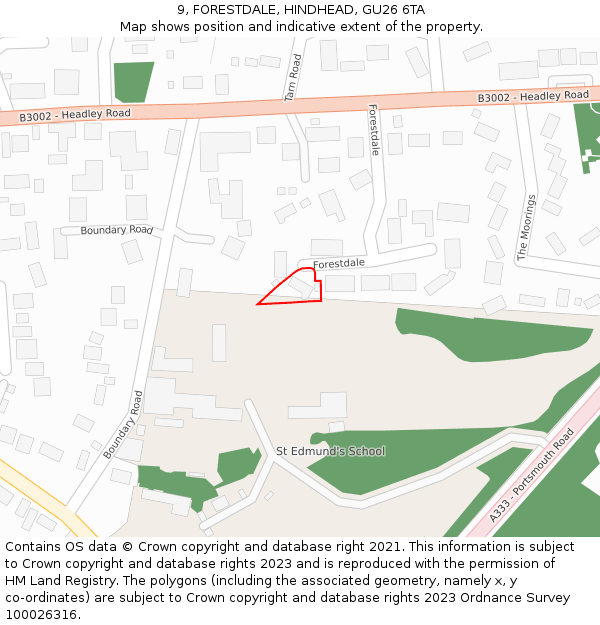 9, FORESTDALE, HINDHEAD, GU26 6TA: Location map and indicative extent of plot