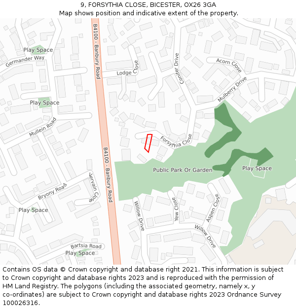 9, FORSYTHIA CLOSE, BICESTER, OX26 3GA: Location map and indicative extent of plot