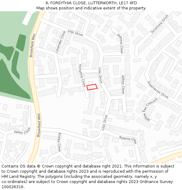 9, FORSYTHIA CLOSE, LUTTERWORTH, LE17 4FD: Location map and indicative extent of plot