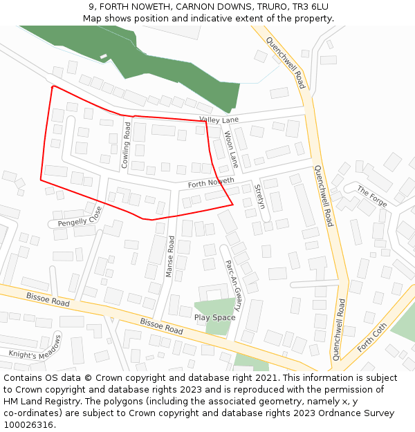 9, FORTH NOWETH, CARNON DOWNS, TRURO, TR3 6LU: Location map and indicative extent of plot