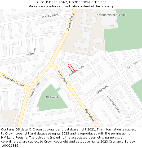 9, FOUNDERS ROAD, HODDESDON, EN11 0EF: Location map and indicative extent of plot
