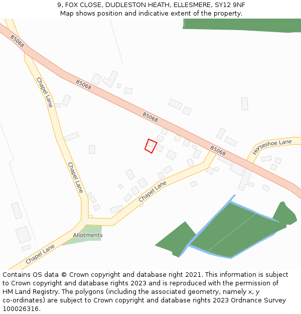 9, FOX CLOSE, DUDLESTON HEATH, ELLESMERE, SY12 9NF: Location map and indicative extent of plot