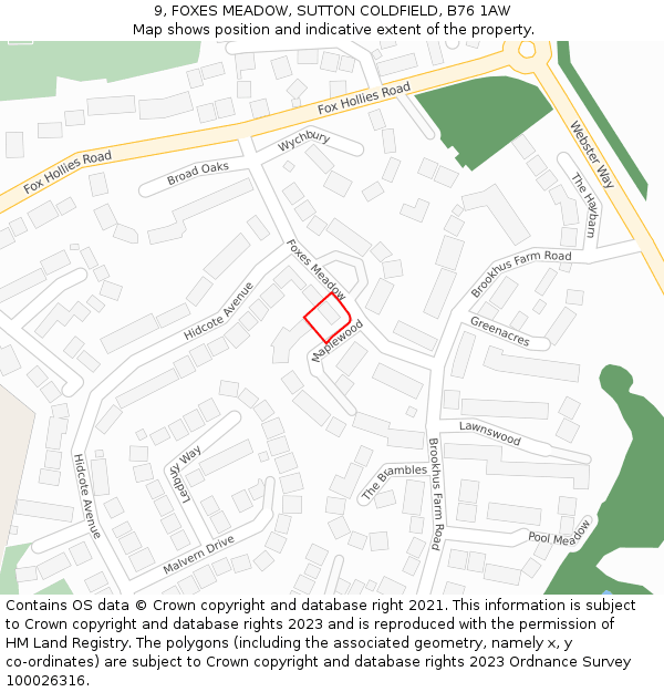 9, FOXES MEADOW, SUTTON COLDFIELD, B76 1AW: Location map and indicative extent of plot