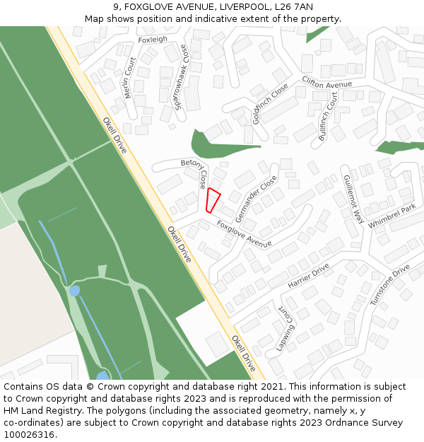 9, FOXGLOVE AVENUE, LIVERPOOL, L26 7AN: Location map and indicative extent of plot