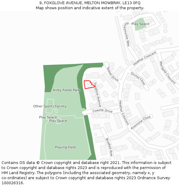 9, FOXGLOVE AVENUE, MELTON MOWBRAY, LE13 0FQ: Location map and indicative extent of plot