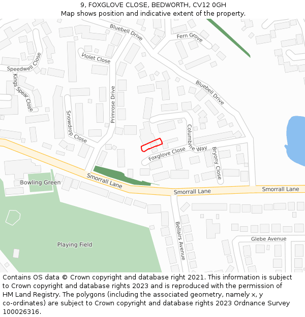 9, FOXGLOVE CLOSE, BEDWORTH, CV12 0GH: Location map and indicative extent of plot