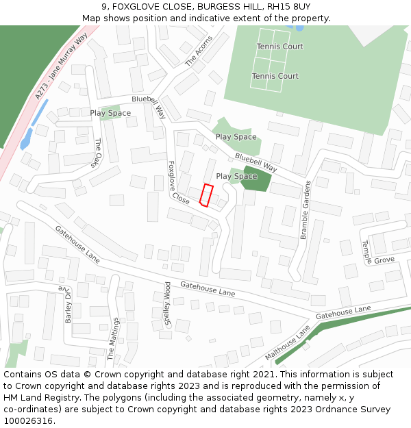 9, FOXGLOVE CLOSE, BURGESS HILL, RH15 8UY: Location map and indicative extent of plot