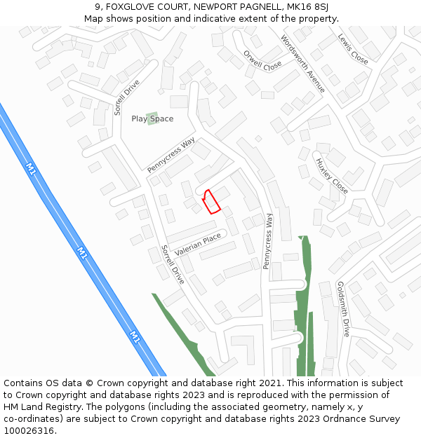 9, FOXGLOVE COURT, NEWPORT PAGNELL, MK16 8SJ: Location map and indicative extent of plot