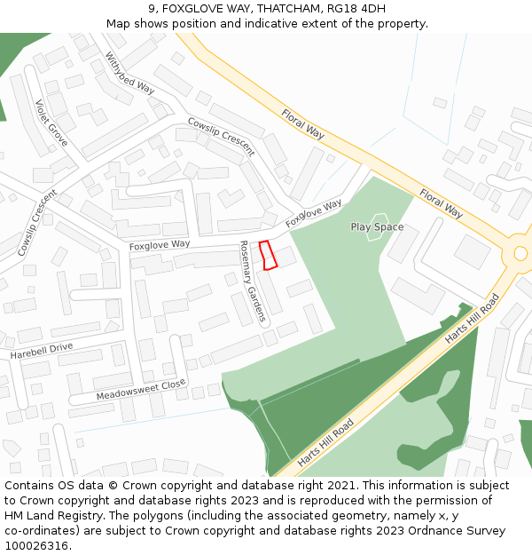 9, FOXGLOVE WAY, THATCHAM, RG18 4DH: Location map and indicative extent of plot