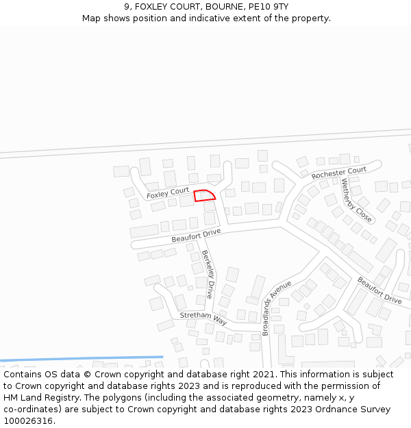 9, FOXLEY COURT, BOURNE, PE10 9TY: Location map and indicative extent of plot