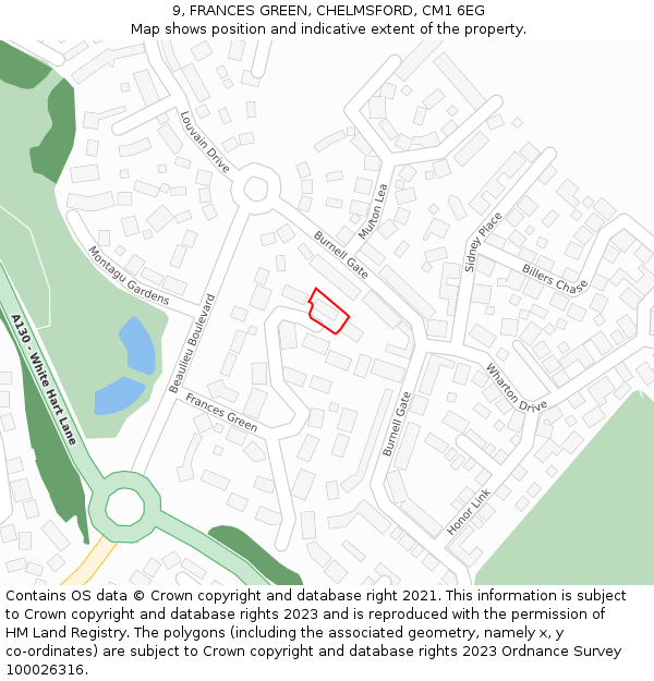 9, FRANCES GREEN, CHELMSFORD, CM1 6EG: Location map and indicative extent of plot