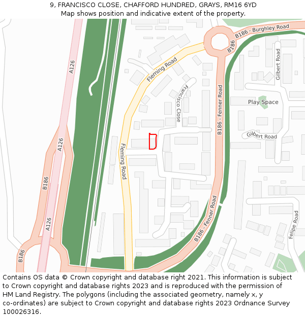 9, FRANCISCO CLOSE, CHAFFORD HUNDRED, GRAYS, RM16 6YD: Location map and indicative extent of plot