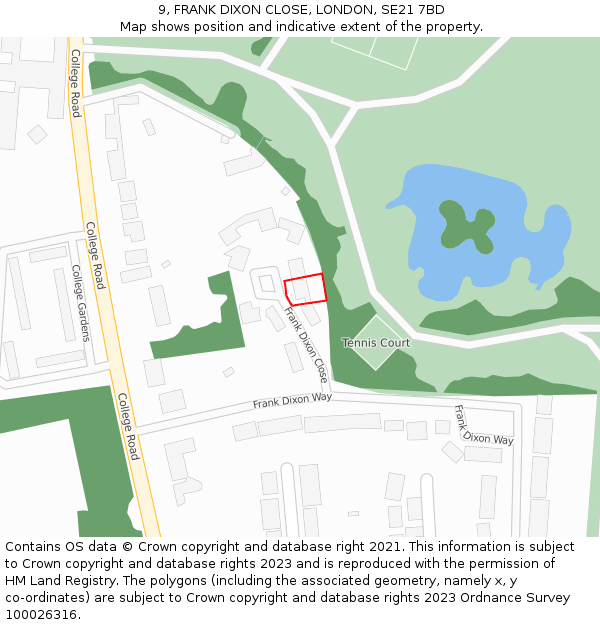 9, FRANK DIXON CLOSE, LONDON, SE21 7BD: Location map and indicative extent of plot