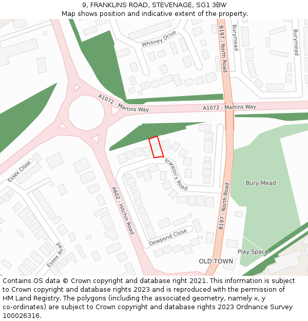 9, FRANKLINS ROAD, STEVENAGE, SG1 3BW: Location map and indicative extent of plot