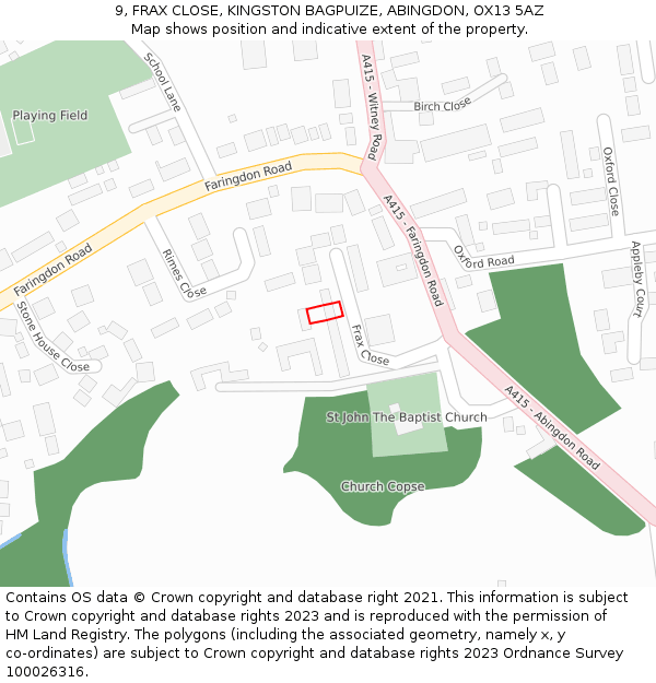 9, FRAX CLOSE, KINGSTON BAGPUIZE, ABINGDON, OX13 5AZ: Location map and indicative extent of plot