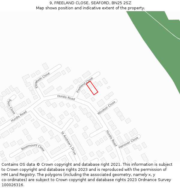 9, FREELAND CLOSE, SEAFORD, BN25 2SZ: Location map and indicative extent of plot