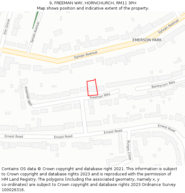 9, FREEMAN WAY, HORNCHURCH, RM11 3PH: Location map and indicative extent of plot