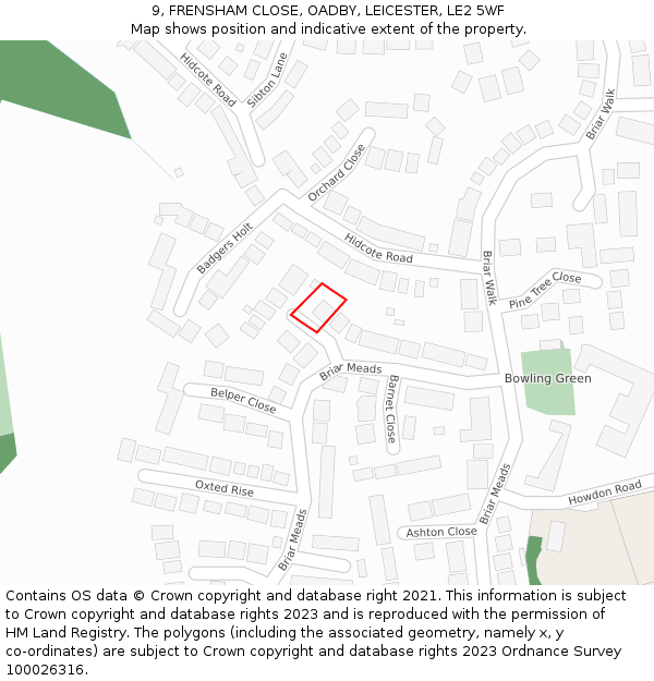 9, FRENSHAM CLOSE, OADBY, LEICESTER, LE2 5WF: Location map and indicative extent of plot