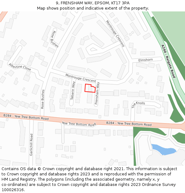 9, FRENSHAM WAY, EPSOM, KT17 3PA: Location map and indicative extent of plot