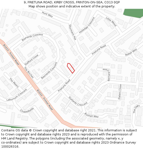 9, FRIETUNA ROAD, KIRBY CROSS, FRINTON-ON-SEA, CO13 0QP: Location map and indicative extent of plot