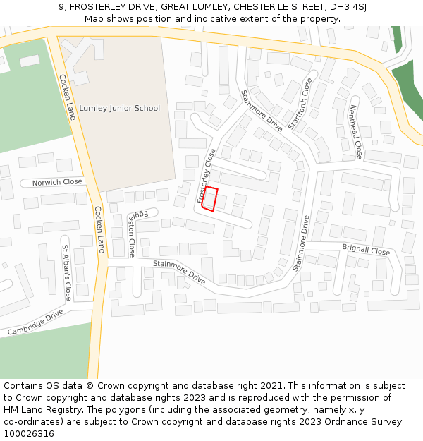 9, FROSTERLEY DRIVE, GREAT LUMLEY, CHESTER LE STREET, DH3 4SJ: Location map and indicative extent of plot