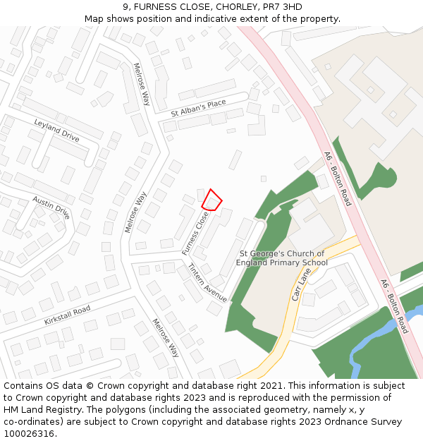 9, FURNESS CLOSE, CHORLEY, PR7 3HD: Location map and indicative extent of plot