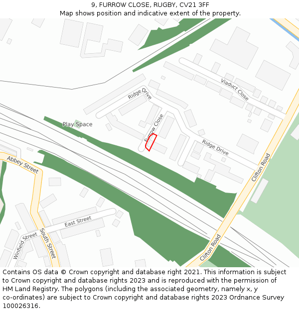 9, FURROW CLOSE, RUGBY, CV21 3FF: Location map and indicative extent of plot