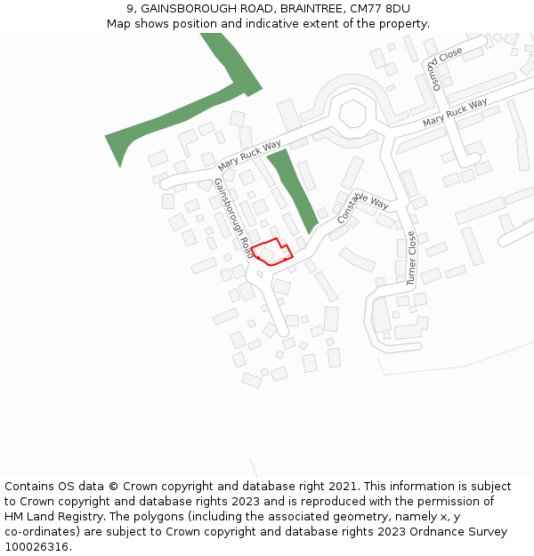 9, GAINSBOROUGH ROAD, BRAINTREE, CM77 8DU: Location map and indicative extent of plot