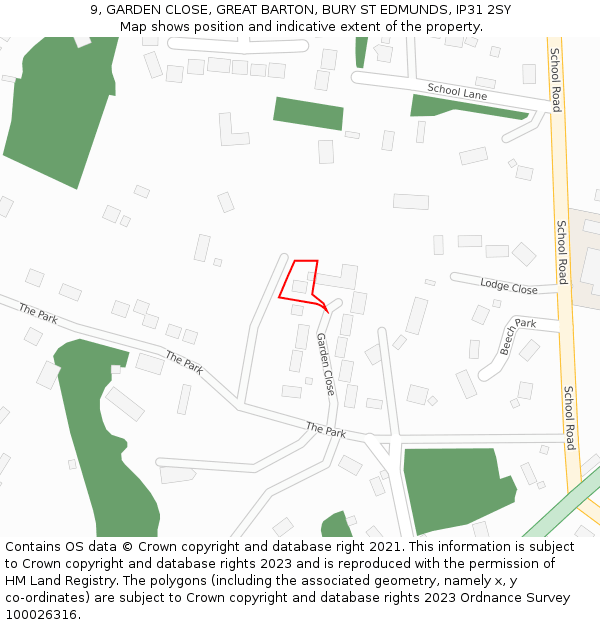 9, GARDEN CLOSE, GREAT BARTON, BURY ST EDMUNDS, IP31 2SY: Location map and indicative extent of plot