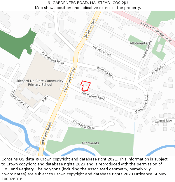 9, GARDENERS ROAD, HALSTEAD, CO9 2JU: Location map and indicative extent of plot