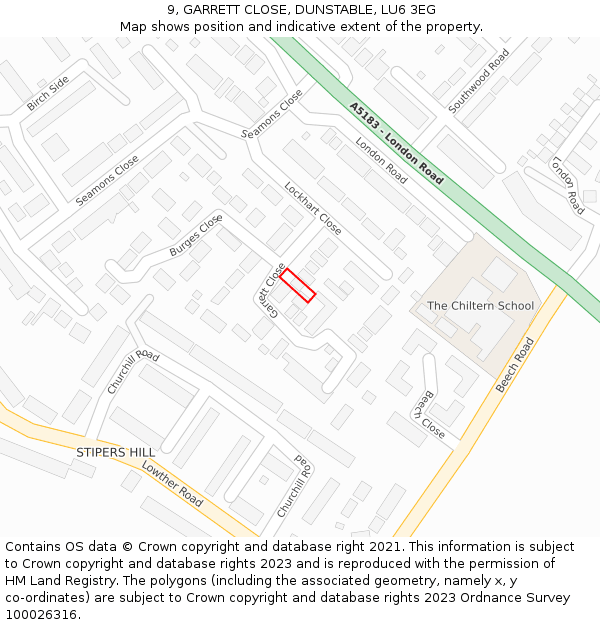 9, GARRETT CLOSE, DUNSTABLE, LU6 3EG: Location map and indicative extent of plot