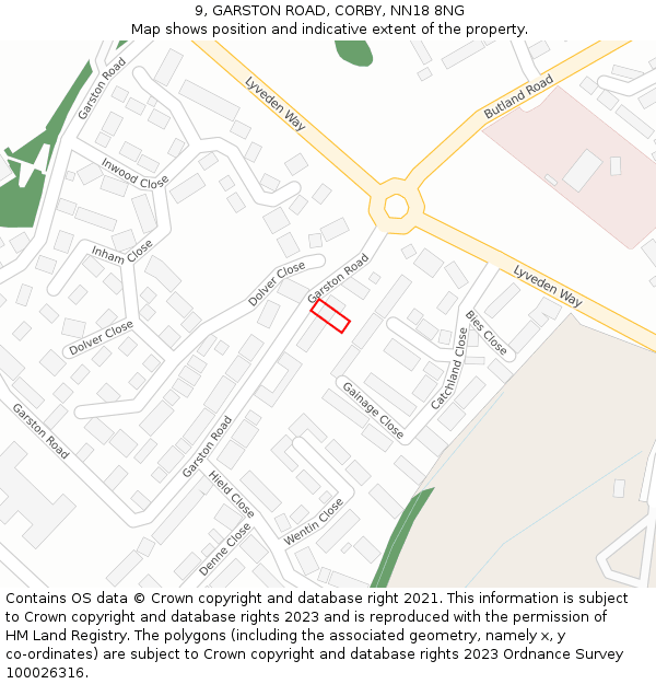 9, GARSTON ROAD, CORBY, NN18 8NG: Location map and indicative extent of plot