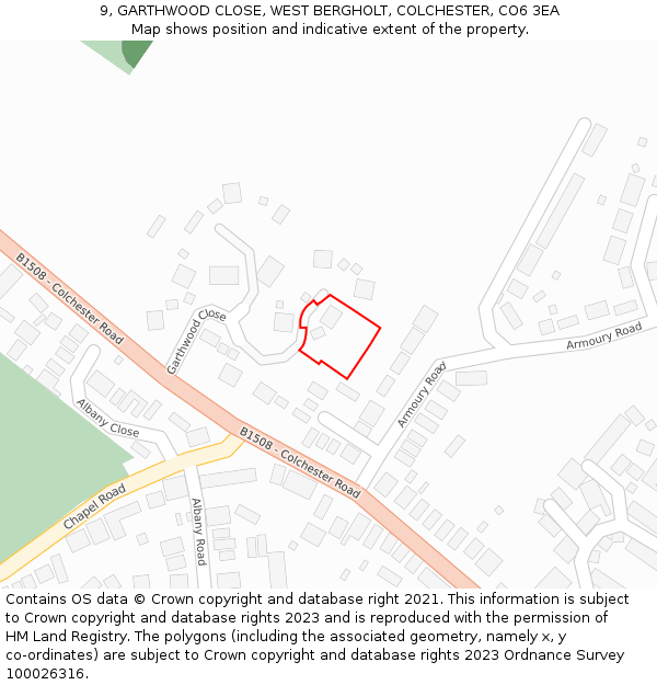 9, GARTHWOOD CLOSE, WEST BERGHOLT, COLCHESTER, CO6 3EA: Location map and indicative extent of plot