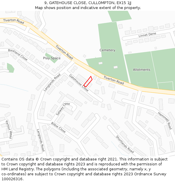 9, GATEHOUSE CLOSE, CULLOMPTON, EX15 1JJ: Location map and indicative extent of plot