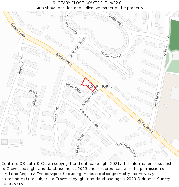 9, GEARY CLOSE, WAKEFIELD, WF2 0UL: Location map and indicative extent of plot