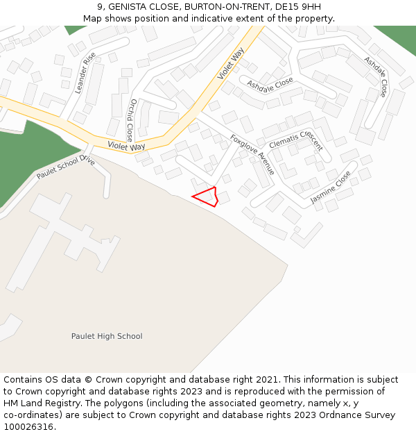 9, GENISTA CLOSE, BURTON-ON-TRENT, DE15 9HH: Location map and indicative extent of plot