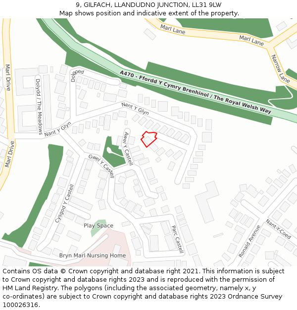 9, GILFACH, LLANDUDNO JUNCTION, LL31 9LW: Location map and indicative extent of plot