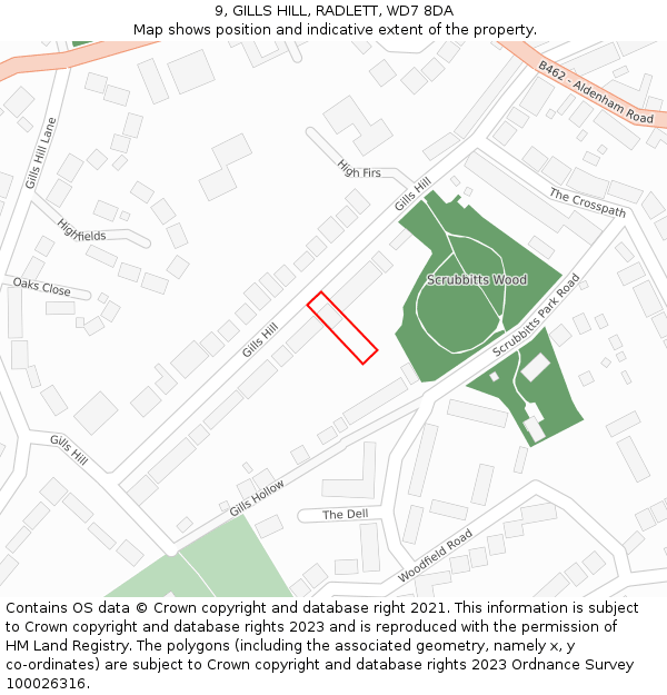 9, GILLS HILL, RADLETT, WD7 8DA: Location map and indicative extent of plot