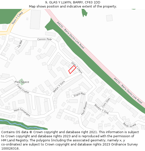 9, GLAS Y LLWYN, BARRY, CF63 1DD: Location map and indicative extent of plot