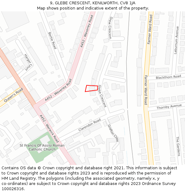 9, GLEBE CRESCENT, KENILWORTH, CV8 1JA: Location map and indicative extent of plot