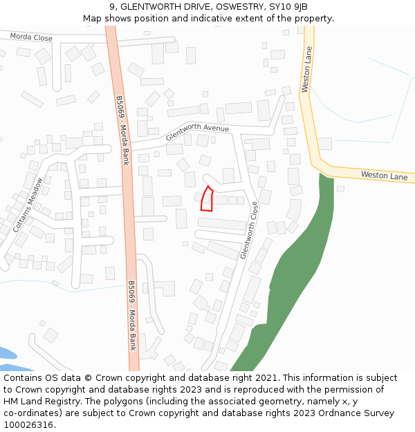 9, GLENTWORTH DRIVE, OSWESTRY, SY10 9JB: Location map and indicative extent of plot