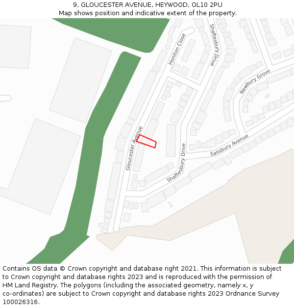 9, GLOUCESTER AVENUE, HEYWOOD, OL10 2PU: Location map and indicative extent of plot